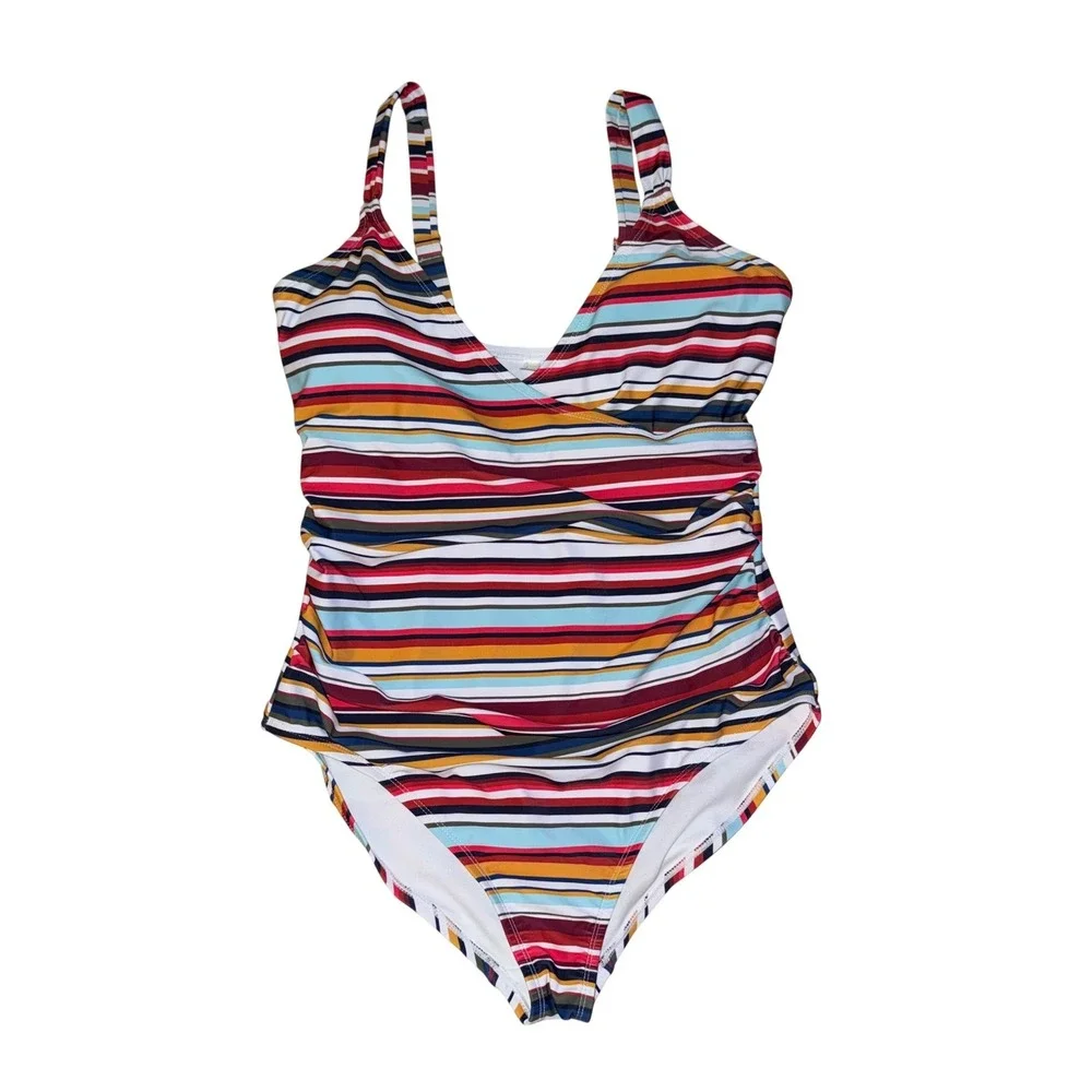 Anne Cole Striped One Piece Swimsuit Square Neck Back Tie Womens‎ Size 12
